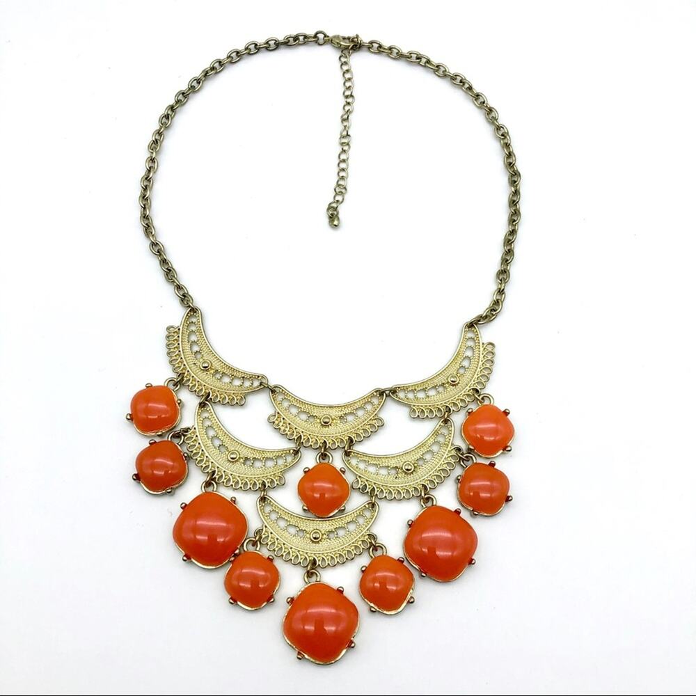 Gold tone with orange stones statement necklace